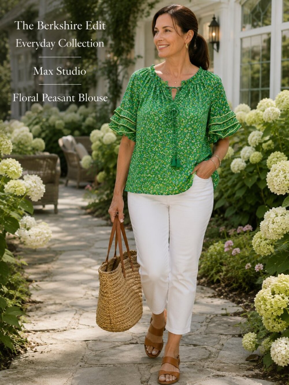 Max Studio 1X Green Floral Peasant Blouse Tassel Tie Ruffle Sleeve Boho